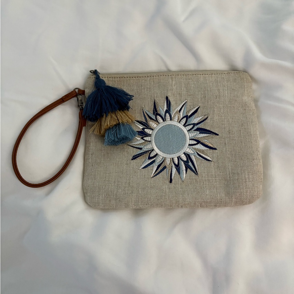 Sakroots Embroidered Beige Clutch with Tassels